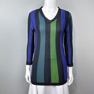 Philosophy Tunic Top Womens Size S Blue Green Striped V-Neck 3/4 Sleeve Y2K‎ Mod